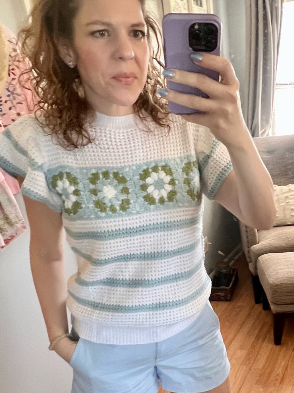 Main Strip White, Light Blue & Green Crochet-Accent Short Sleeve Sweater